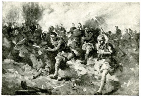 Black and white drawing of men fighting in First World War