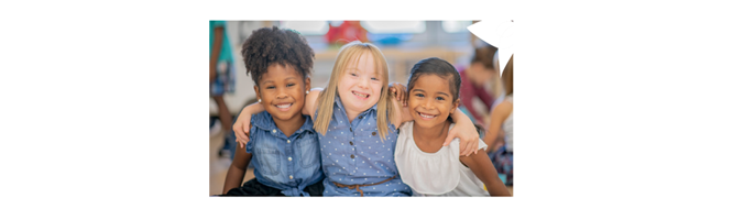 Three children smiling with their arms around each other's shoulders.