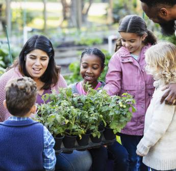 Group of students with a teacher interacting with a plant