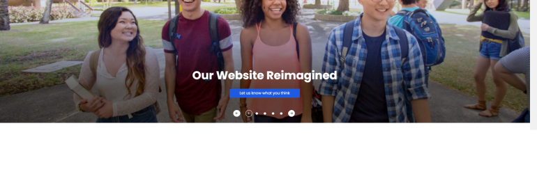 Homepage of website, image of student with words website reimagined