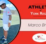 Marco holding a tennis racket, with text "Athletes of York Region: Marco Bryan"