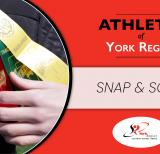 Four athletic ribbons, one white, one red, one green, one yellow beside red banner that reads Athletes of York Region: SNAP and SODA