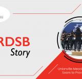 A YRDSB Story text appears on grey background. In circle is image of string ensemble playing. Words read Unionville Meadows Ensemble Soars to Provincial Finals