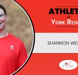 Grey and red background with a circular cut-out photo of a smiling woman wearing a red shirt. Text reads: athletes of York Region: Shannon Westlake