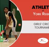 Red card with text reading Girls' Cricket Tournament and cut out image of girl holding cricket bat in front of a green wicket