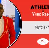 Image of man facing camera wearing a red jacket. Words read "Athletes of York Region: Milton Hart"