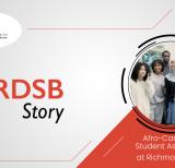 Grey and red background with a circular cut-out photo of a group of Black students. Words read a YRDSB story: Afro-Caribbean Student Association at Richmond Hill HS