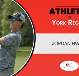 Cutout image of student golfing, red banner beside. Text reads: Athletes of York Region: Jordan Hwang