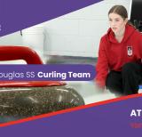 Purple banner says Athletes of York Region;: Tommy Douglas SS Curling Team. Image of a curling rock and student holding a broom