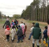 Students walk beside a forest, school bus can be seen parked on the road nearby